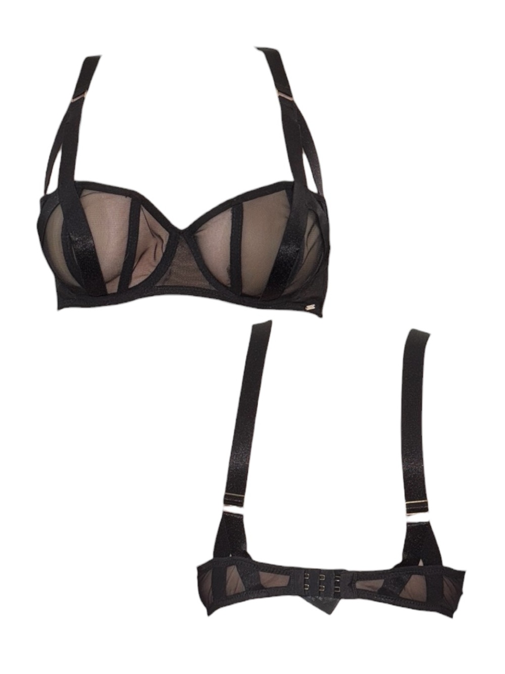Sheer Strappy Black Balconette Bra